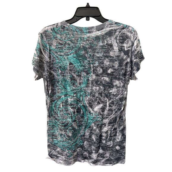 Cruel Girl V Neck Graphic Tee Womens 2XL Gray & Teal Abstract Design Cotton Blen - Picture 2 of 6